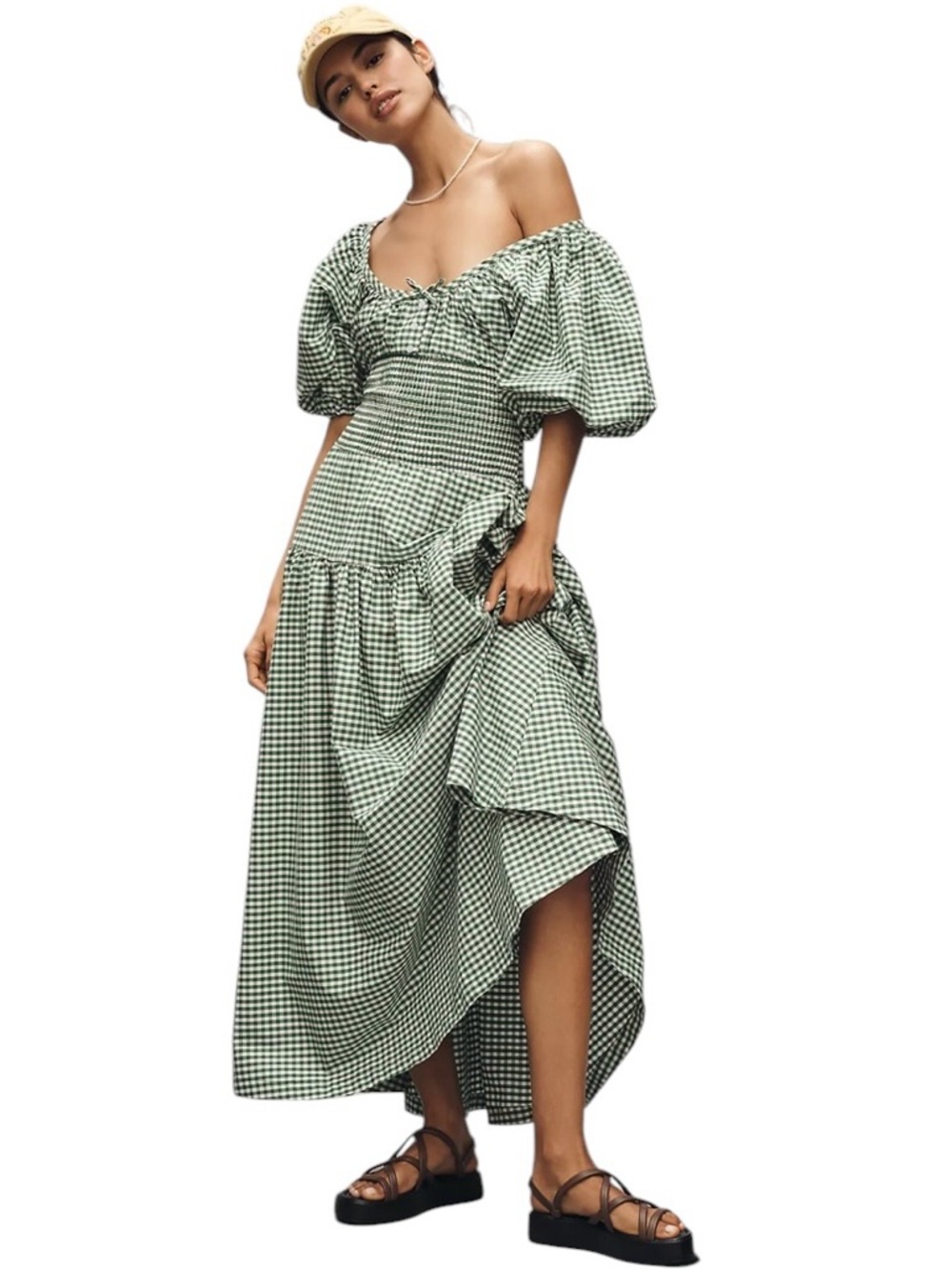 WeWoreWhat Smocked Green Gingham Maxi Dress Tiered Square Neckline Size Small